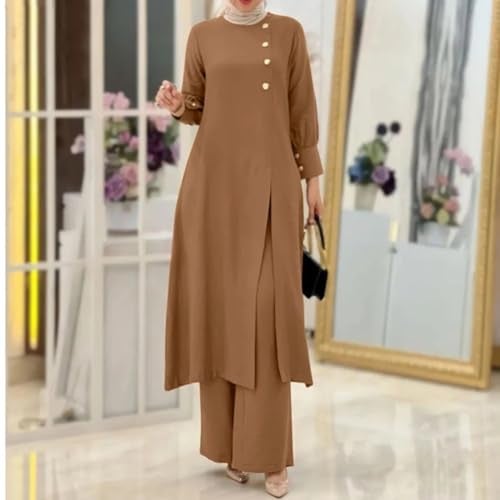 ODIZLI Muslim Dress for Women Abaya Kaftans Modern Dubai Moroccan Caftan Arabic Party Wear Beach Kaftan Dress Top Wide Leg Pants Prayer Clothes for Muslim Women Muslim Clothes Plus Size Khaki C XXL - Image 3