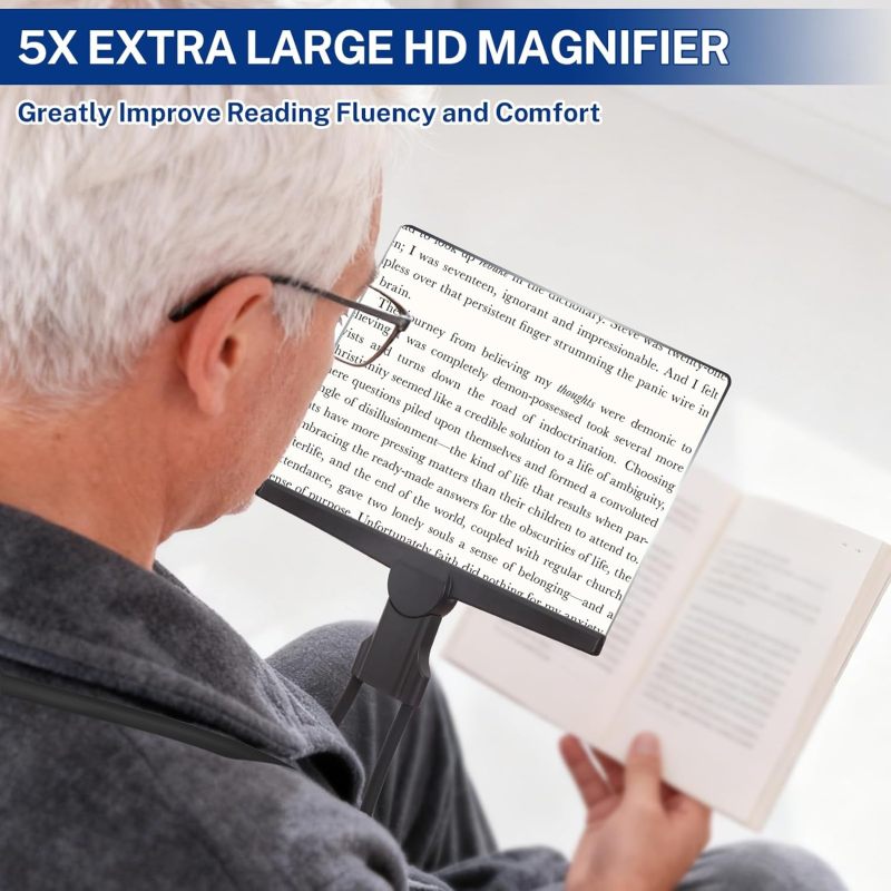 Hands-free Magnifying Glass: 5x Magnification 6.5*9.5 Inches Large Viewing Area - Flexible Gooseneck Detachable Neck Wear Magnifier for Seniors Low Vision Aid Reading Sewing - Image 5