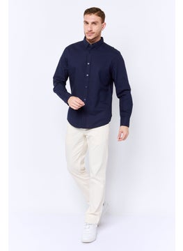 Algspar Men Regular Fit Plain Long Sleeves Casual Shirt, Navy  - Image 4