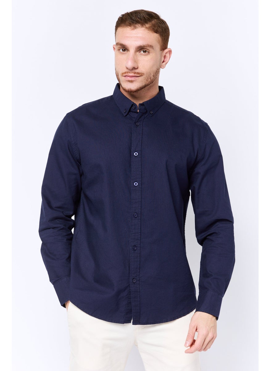 Algspar Men Regular Fit Plain Long Sleeves Casual Shirt, Navy  - Image 1