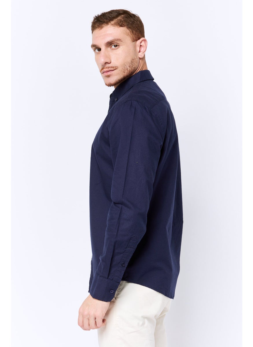 Algspar Men Regular Fit Plain Long Sleeves Casual Shirt, Navy  - Image 3