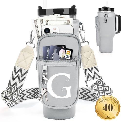 LOKASS Personalized Water Bottle Holder with Strap for Stanley Cup Accessories 40 oz Initial for Stanley Cup Holder Carrier Bag with Phone Pocket Everyday Carry Tumbler Accessories Gray - Image 1