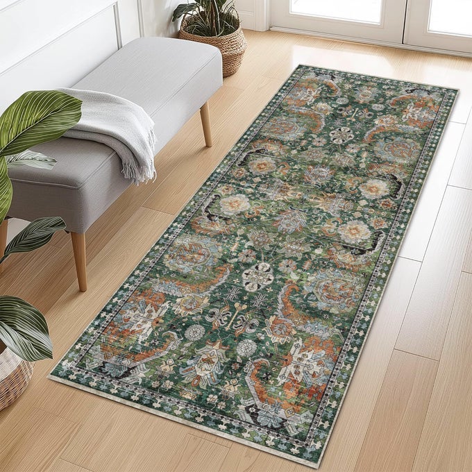 WASHABLE AREA RUGS PERFECT FOR LIVING ROOM BEDROOM KIDS ROOM NURSERY STAIN WATER RESISTANT NONSLIP PET CHILD FRIENDLY VINTAGE TRIBAL AREA RUGS GREEN 26 X 8