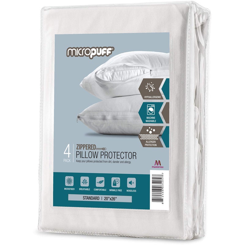 Micropuff Pillow Protectors with Zipper - Soft and Breatheable Hypoallergenic Pillow Cover. Pillowcase Protects Against Stains  Spills  and Perspiration. (Microfiber  Standard Set of 4) - Image 1