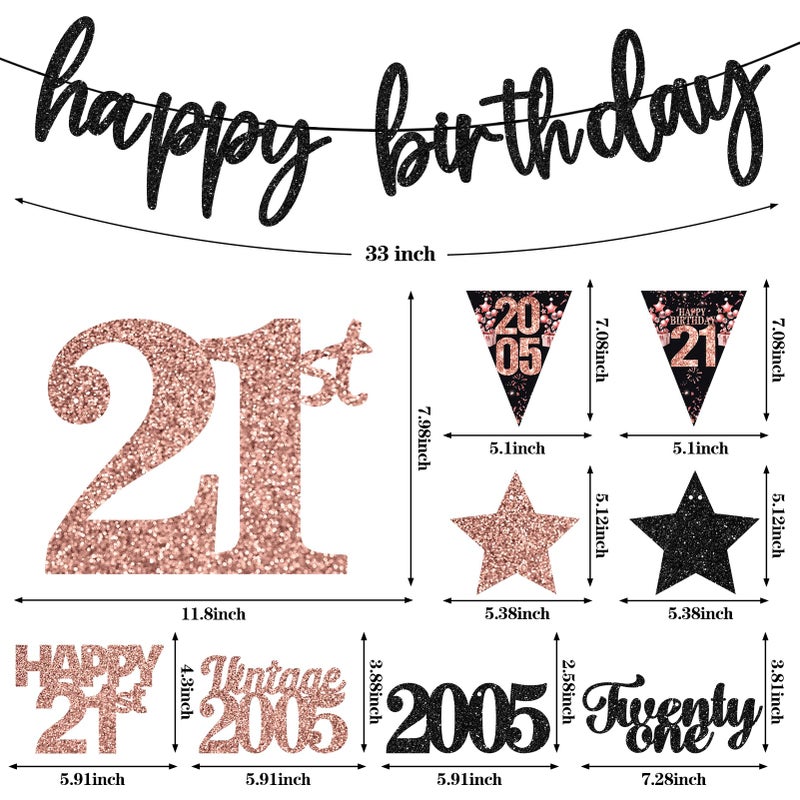 Guiruiy 12PCS 21st Birthday Decorations for Girls Women, Rose Gold Vintage 2005 Happy 21st Birthday Banner Triangle Flag Banner Glitter Hanging Swirls Party Supplies, Cheers to 21 Years Old Bday Decor - Image 2