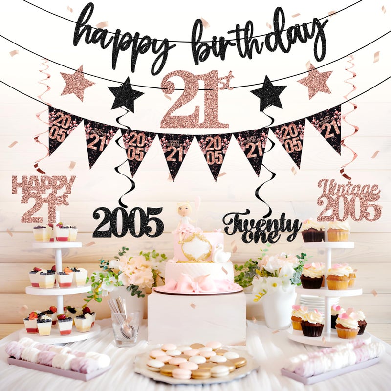 Guiruiy 12PCS 21st Birthday Decorations for Girls Women, Rose Gold Vintage 2005 Happy 21st Birthday Banner Triangle Flag Banner Glitter Hanging Swirls Party Supplies, Cheers to 21 Years Old Bday Decor - Image 5
