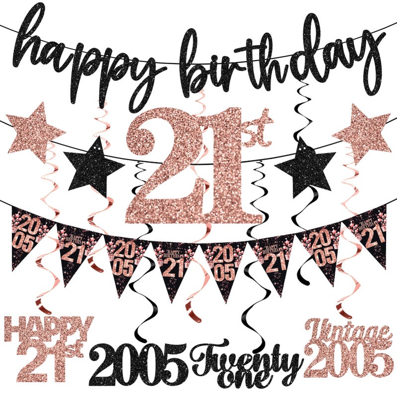 Guiruiy 12PCS 21st Birthday Decorations for Girls Women, Rose Gold Vintage 2005 Happy 21st Birthday Banner Triangle Flag Banner Glitter Hanging Swirls Party Supplies, Cheers to 21 Years Old Bday Decor - Image 1