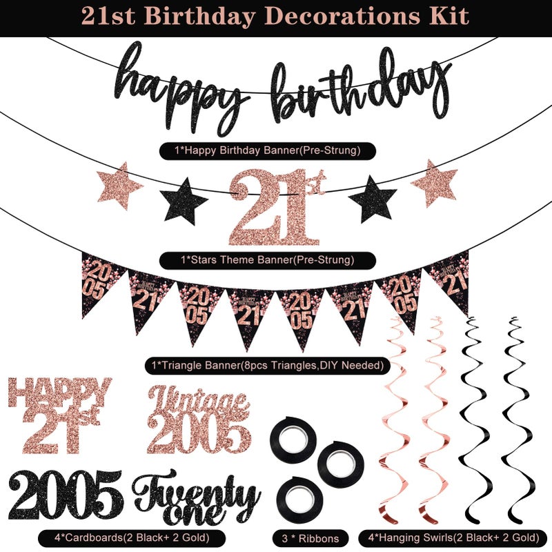 Guiruiy 12PCS 21st Birthday Decorations for Girls Women, Rose Gold Vintage 2005 Happy 21st Birthday Banner Triangle Flag Banner Glitter Hanging Swirls Party Supplies, Cheers to 21 Years Old Bday Decor - Image 3