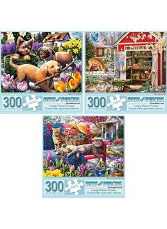 Bits and Pieces Bits and Pieces - Value Set of Three (3) - 300 Piece Jigsaw Puzzles for Adults - Spring Collection Large Piece Jigsaws by Artist Larry Jones - 18” x 24”  - Image 1