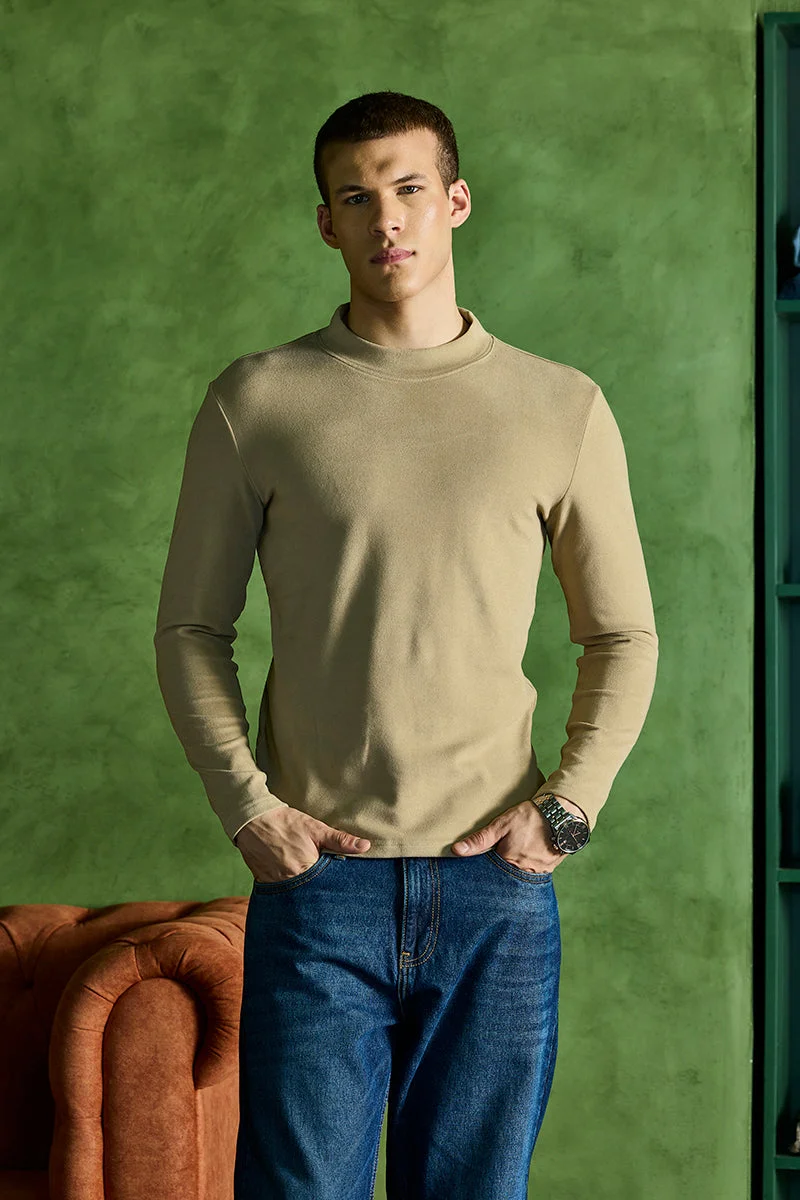 SNITCH Beige Solid Slim Fit Sweater