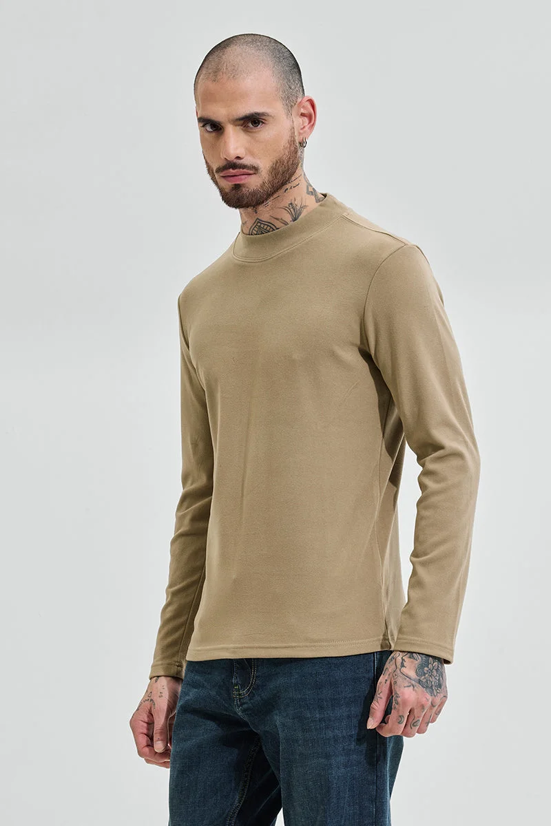 SNITCH Beige Solid Slim Fit Sweater