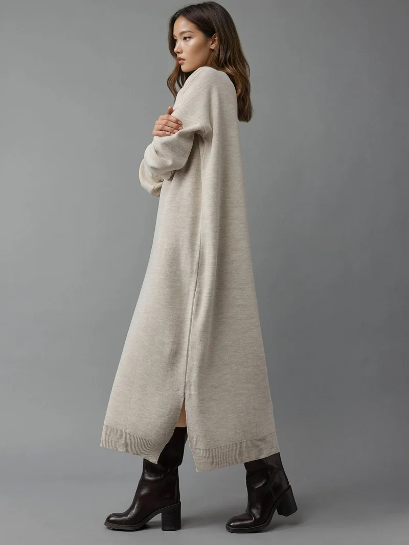 MY FASHION MY FASHION Textured Ribbed Long Knit Dress with Slit Detail