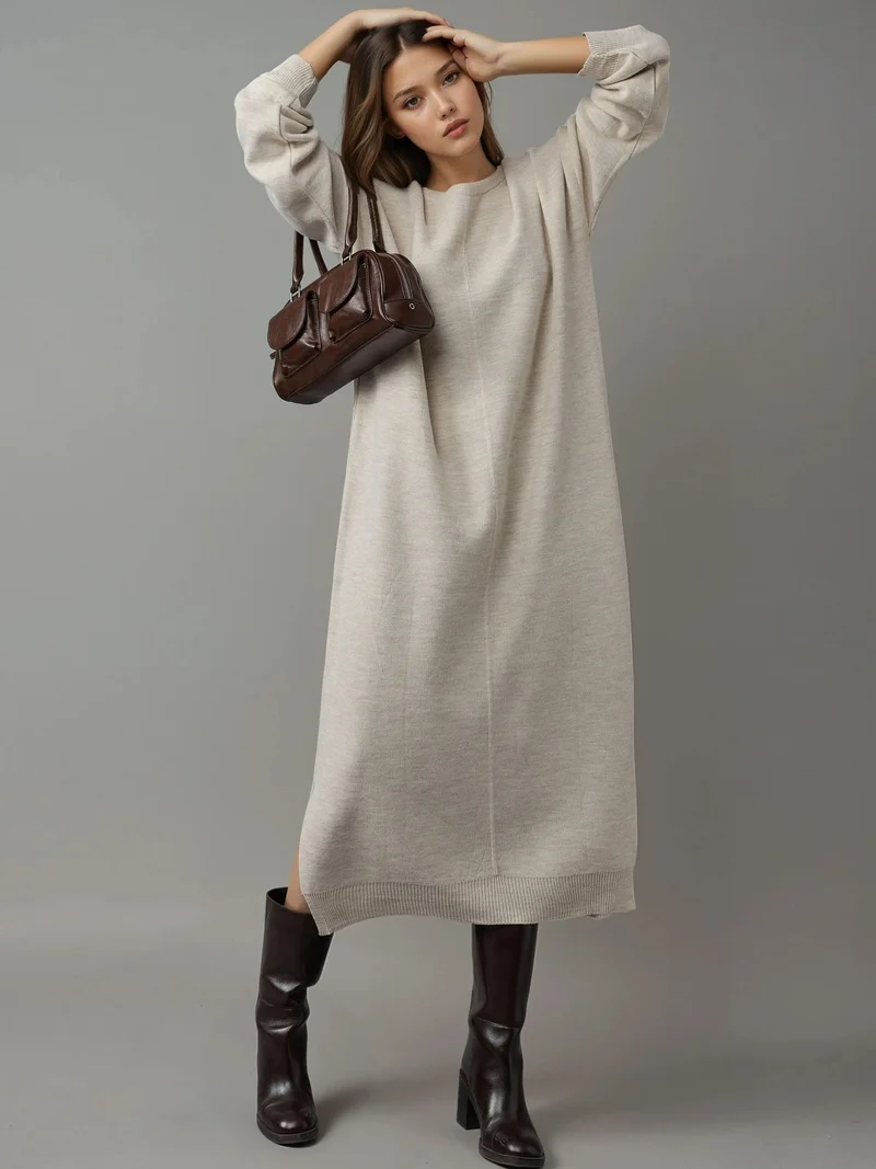 MY FASHION MY FASHION Textured Ribbed Long Knit Dress with Slit Detail