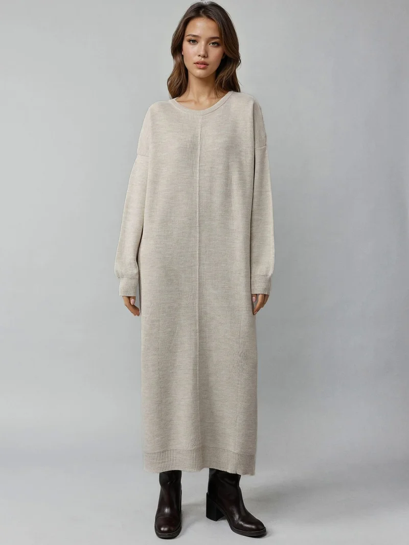 My Fashion Stone Natural MY FASHION Textured Ribbed Long Knit Dress with Slit Detail for Women | Best Price UAE