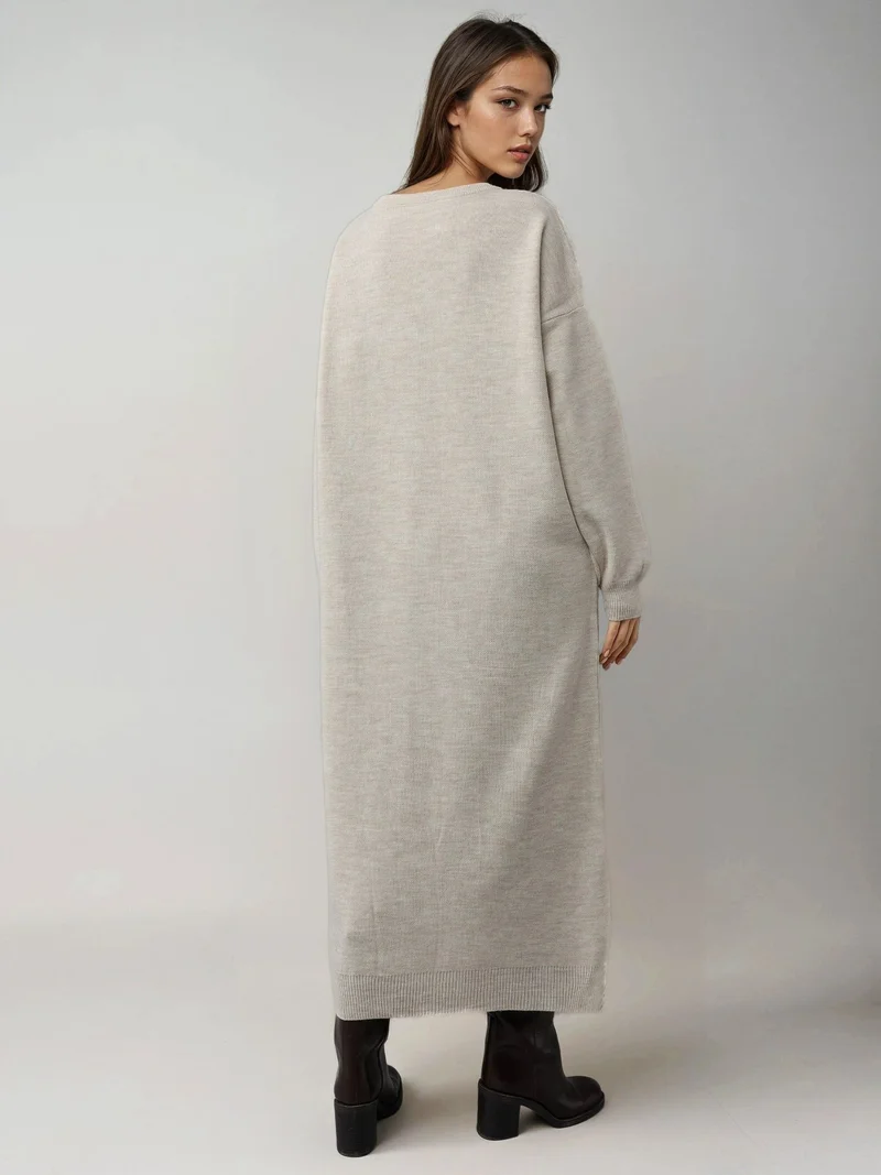 My Fashion Stone Natural MY FASHION Textured Ribbed Long Knit Dress with Slit Detail for Women | Best Price UAE