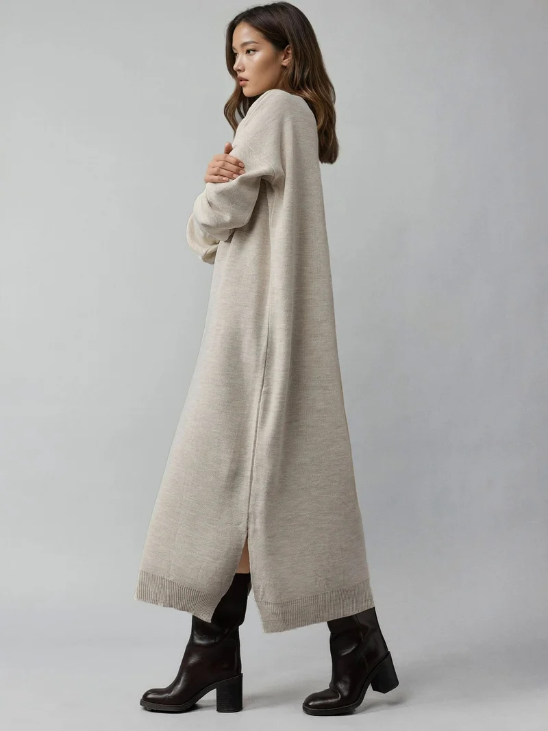 My Fashion Stone Natural MY FASHION Textured Ribbed Long Knit Dress with Slit Detail for Women | Best Price UAE