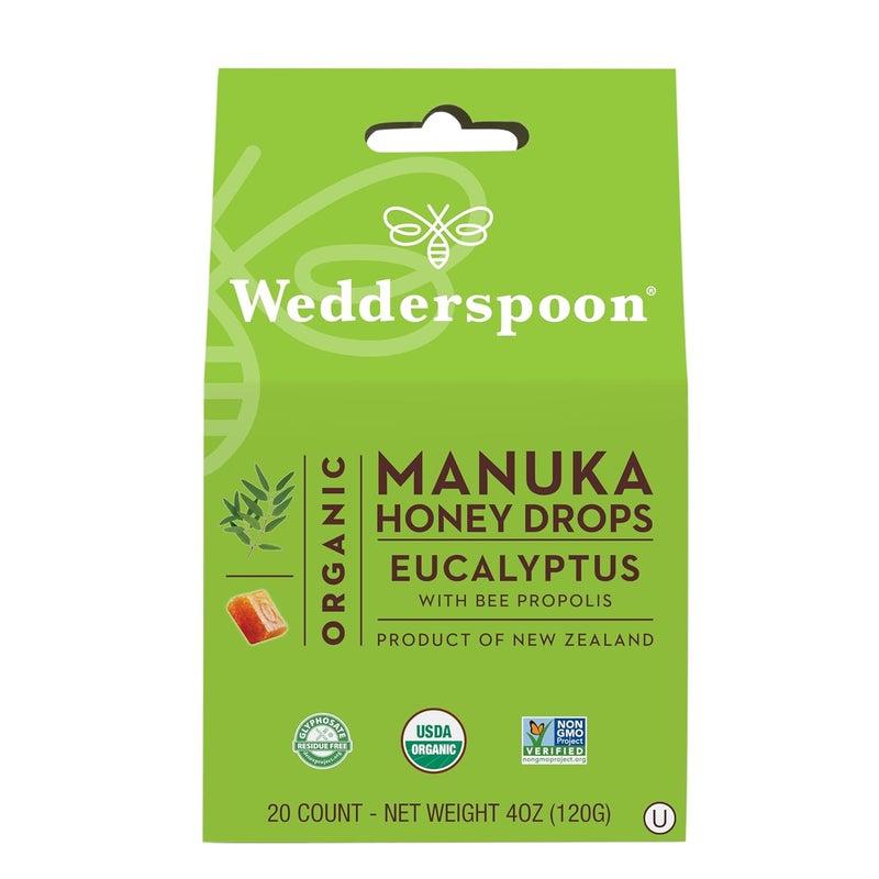 Wedderspoon Organic Manuka Honey Drops, Eucalyptus & Bee Propolis, 20 Count (4oz) (Pack of 1)| Genuine New Zealand Honey | Perfect Remedy For Dry Throats
