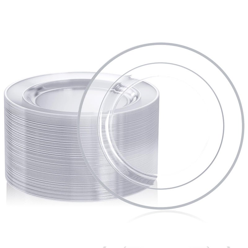 FOCUSLINE 100 Clear Silver Plastic Plates 10 Inch Disposable Clear Plates with Silver Rim Premium Hard Plastic Plate Fancy Disposable Dinner Plate for Wedding Parties