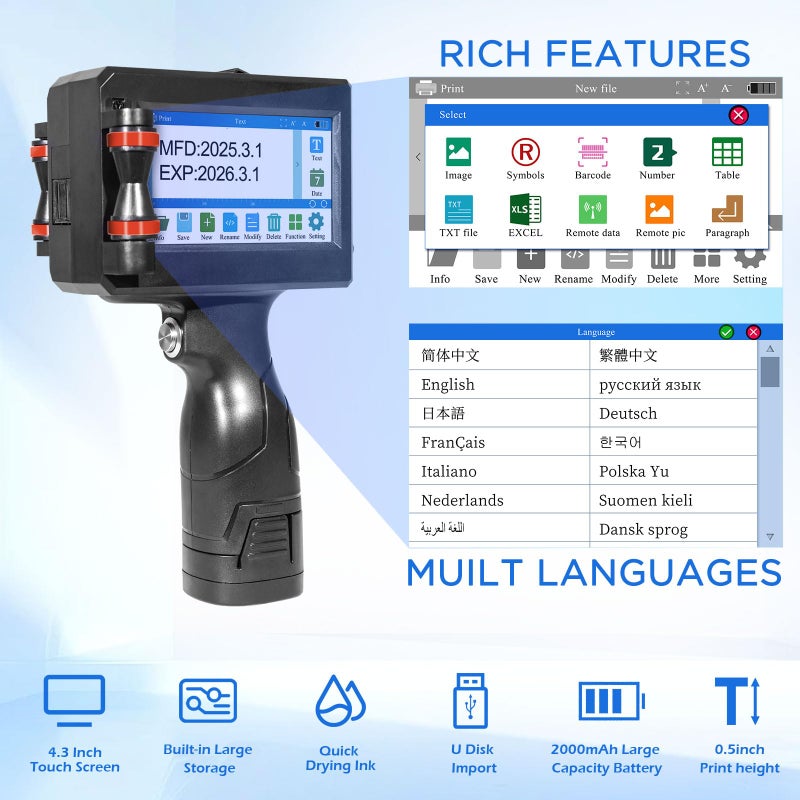 ZHONGMIN Handheld Inkjet Printer with 42ml Quick-Drying Ink Cartridge, Portable Ink Jet Coding Machine for Text/Date/Batch Number/QR Code/Barcode/Logo, Print Height from 0.08 to 0.5 Inch (ZM-C800) - Image 4