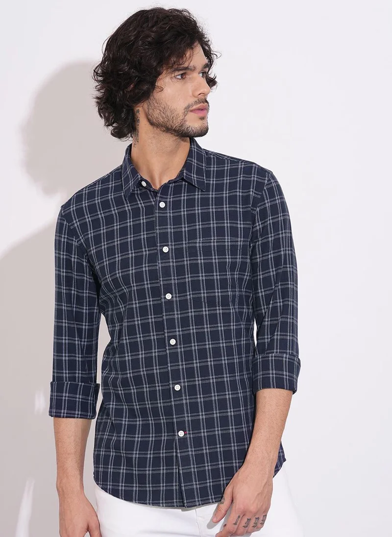 بيينغ هيومان Men Windowpane Checked Spread Collar Pure Cotton Casual Shirt