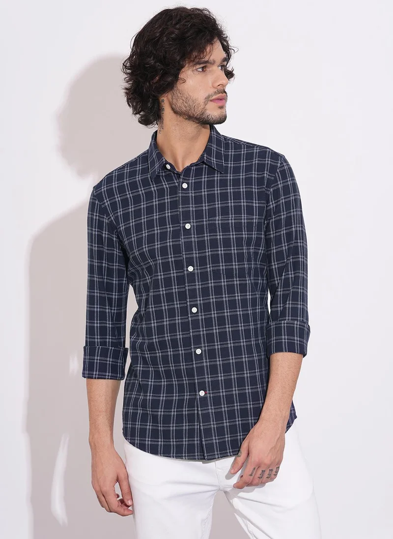 بيينغ هيومان Men Windowpane Checked Spread Collar Pure Cotton Casual Shirt