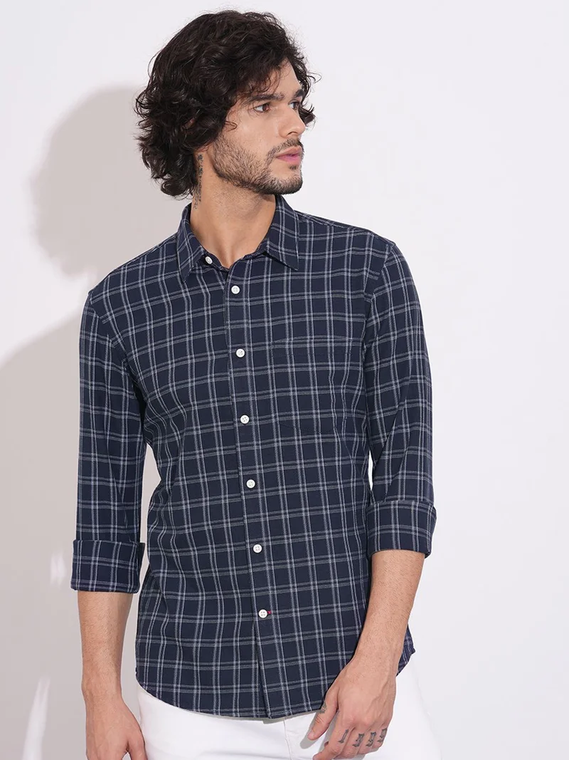 Being Human Men Windowpane Checked Spread Collar Pure Cotton Casual Shirt