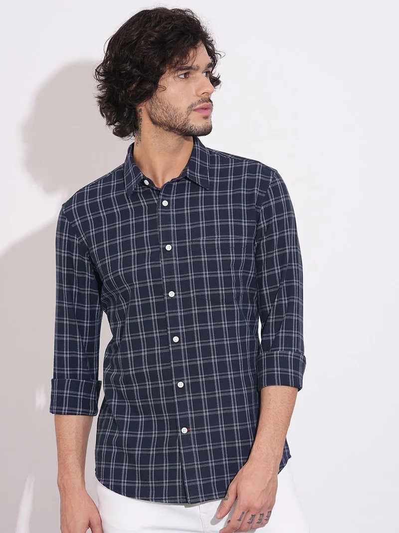 Being Human Men Windowpane Checked Spread Collar Pure Cotton Casual Shirt