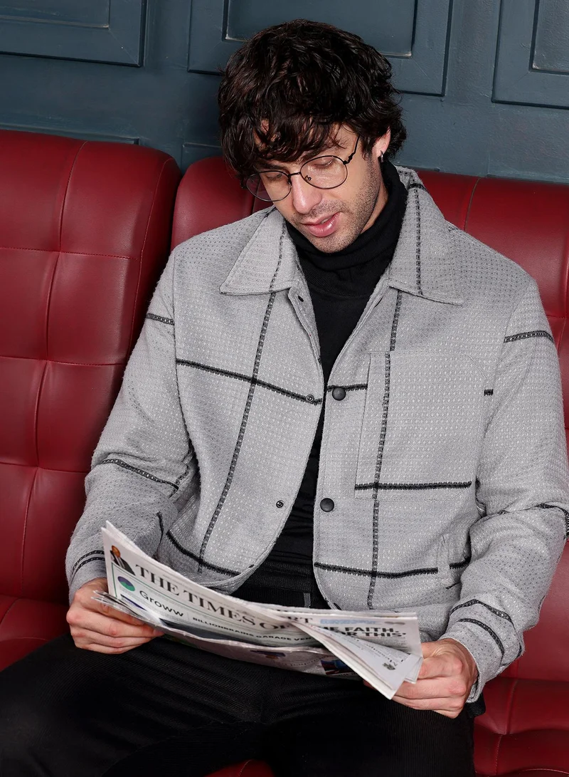 Campus Sutra Men Waffle-Grid Utility Bomber Jacket | Point Collar, Long Button-Cuff Sleeves | Snap Button , Stretch-Straight Hem | Checks Jacquard | Woven Fabric For Casual & Daily Wear | Coin Grey