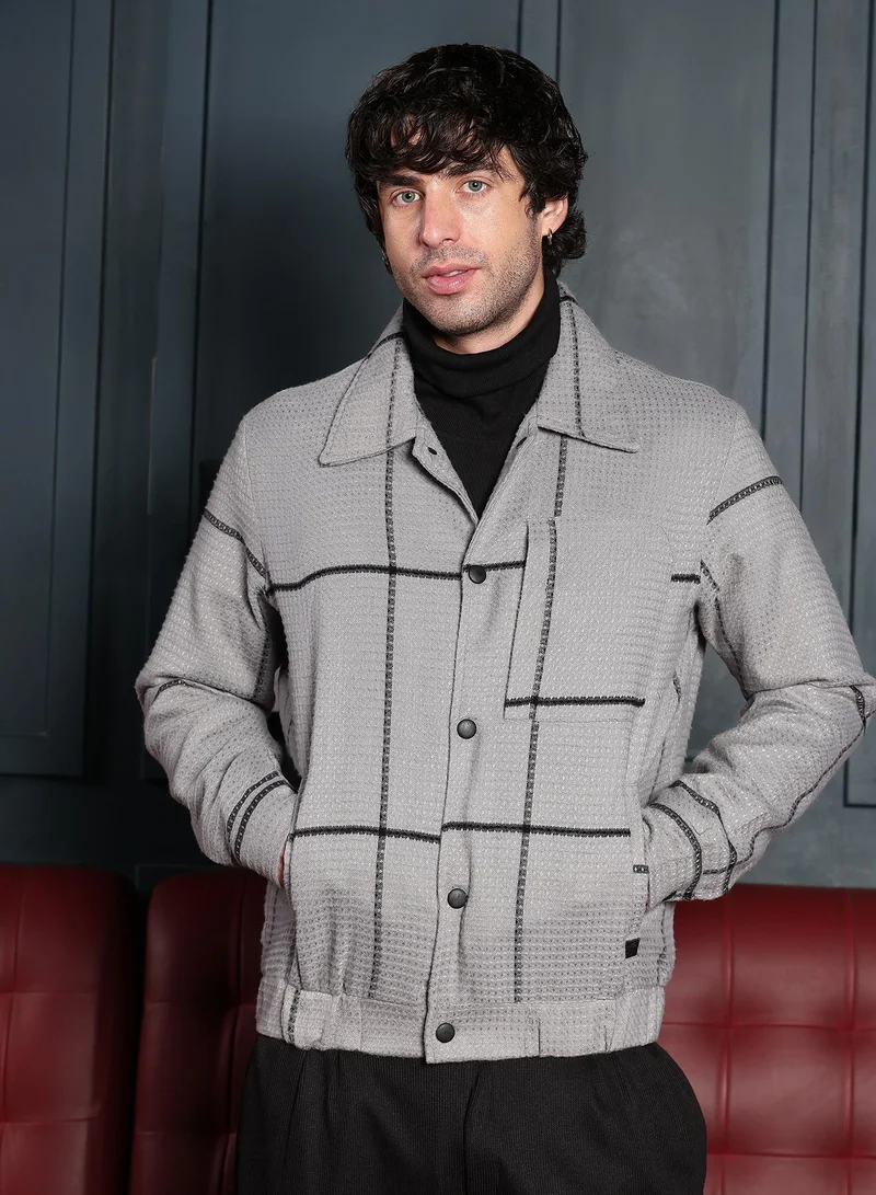 Campus Sutra Men Waffle-Grid Utility Bomber Jacket | Point Collar, Long Button-Cuff Sleeves | Snap Button , Stretch-Straight Hem | Checks Jacquard | Woven Fabric For Casual & Daily Wear | Coin Grey