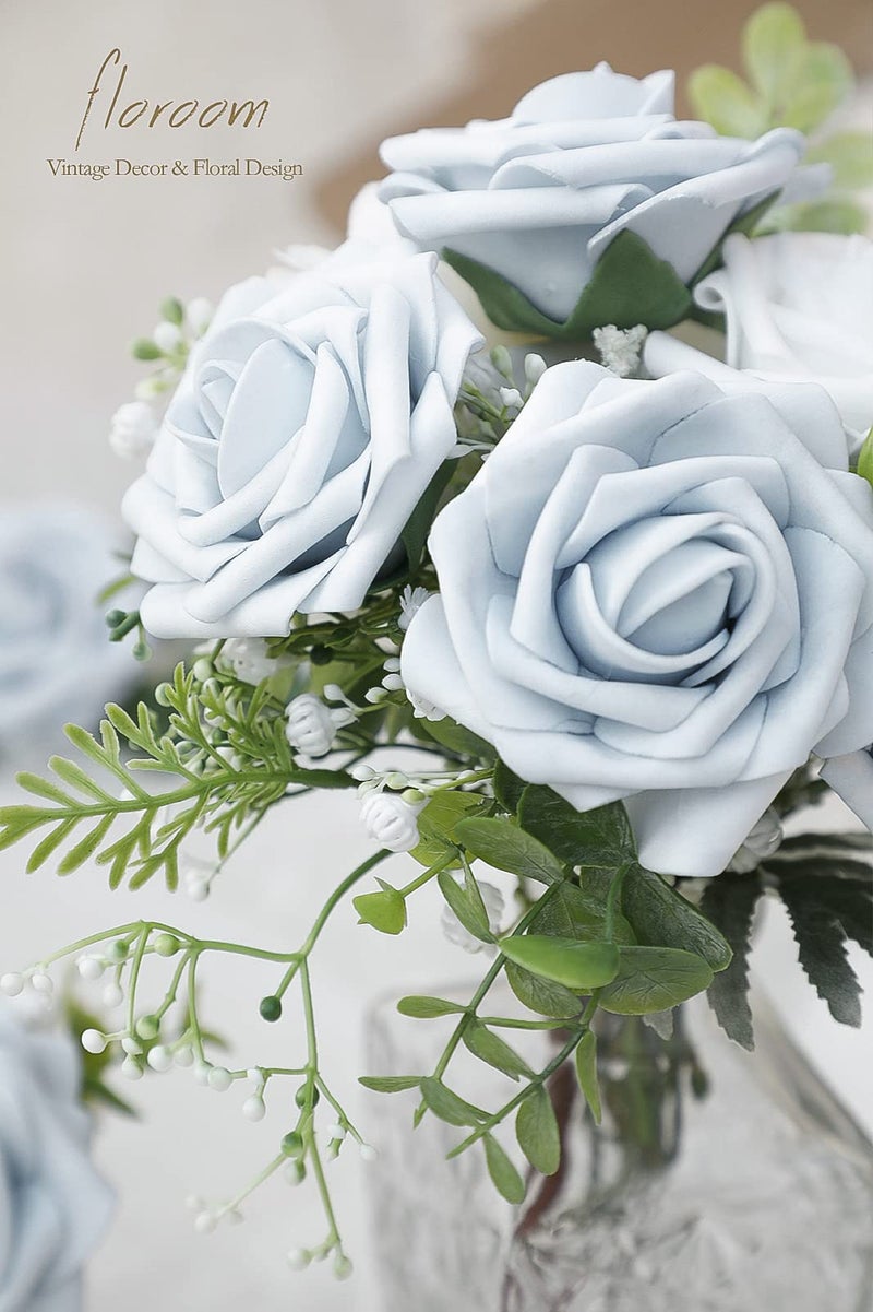 Floroom Artificial Flowers 25pcs Real Looking Powder Blue Foam Fake Roses with Stems for DIY Wedding Bouquets Bridal Shower Centerpieces Floral Arrangements Party Tables Home Decorations - Image 3