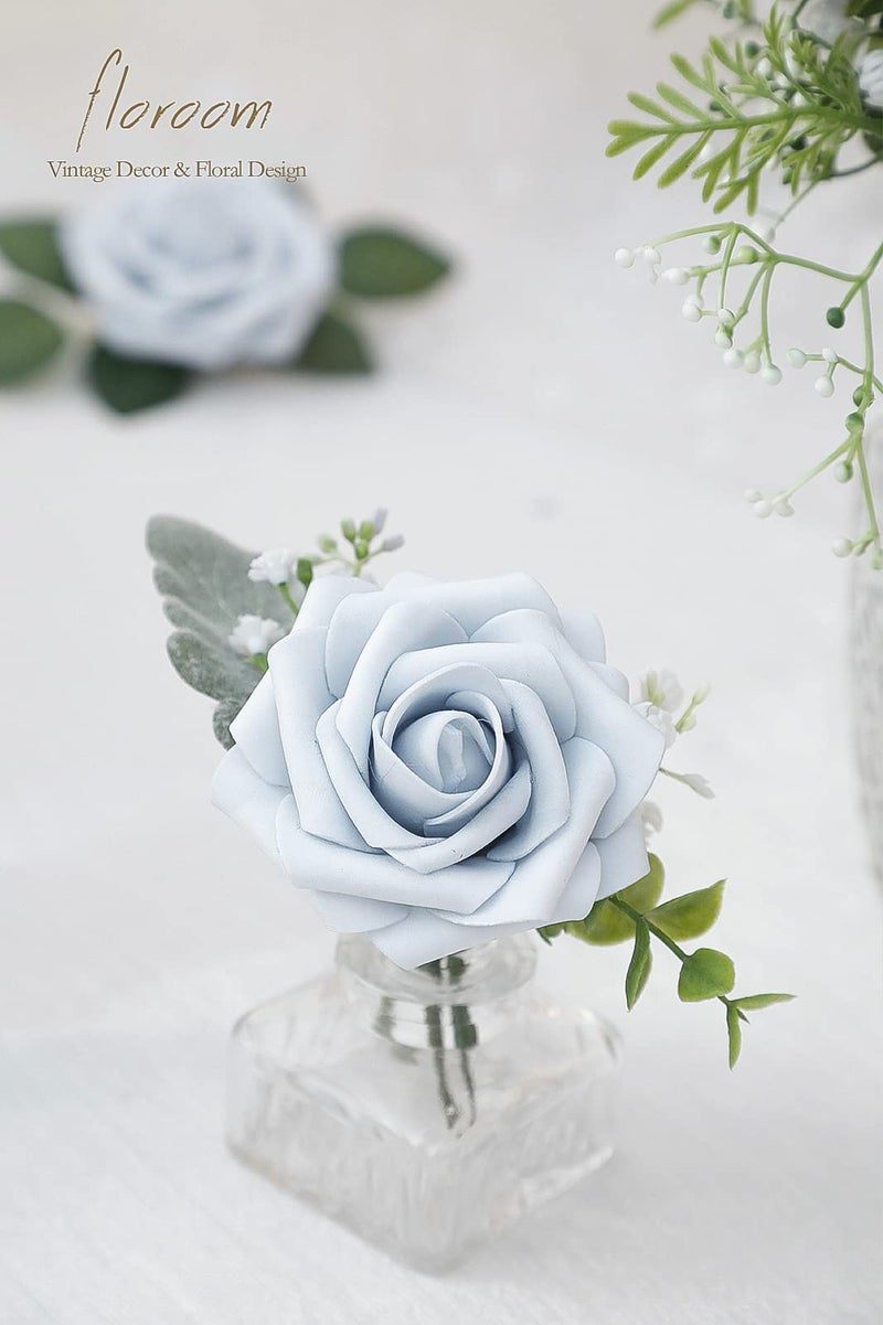 Floroom Artificial Flowers 25pcs Real Looking Powder Blue Foam Fake Roses with Stems for DIY Wedding Bouquets Bridal Shower Centerpieces Floral Arrangements Party Tables Home Decorations - Image 2