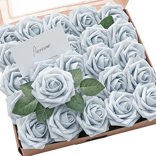 Floroom Artificial Flowers 25pcs Real Looking Powder Blue Foam Fake Roses with Stems for DIY Wedding Bouquets Bridal Shower Centerpieces Floral Arrangements Party Tables Home Decorations - Image 1