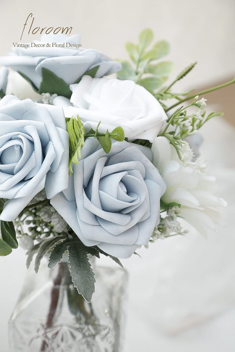 Floroom Artificial Flowers 25pcs Real Looking Powder Blue Foam Fake Roses with Stems for DIY Wedding Bouquets Bridal Shower Centerpieces Floral Arrangements Party Tables Home Decorations - Image 4