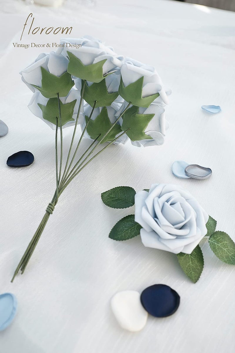 Floroom Artificial Flowers 25pcs Real Looking Powder Blue Foam Fake Roses with Stems for DIY Wedding Bouquets Bridal Shower Centerpieces Floral Arrangements Party Tables Home Decorations - Image 5