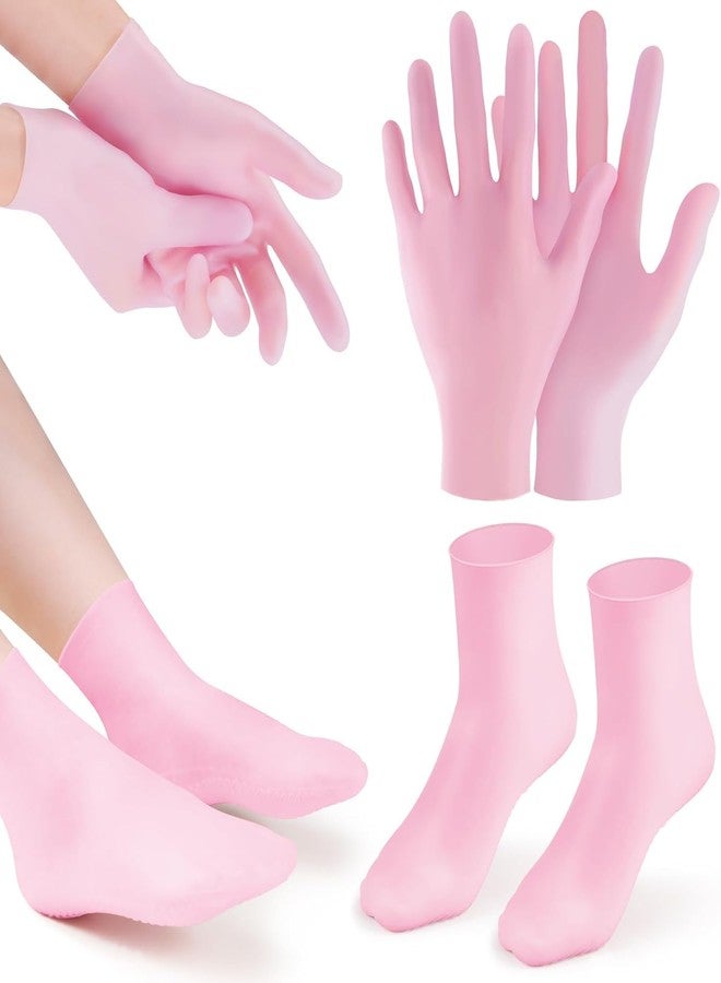 MIRVAAN 2 Pairs Moisturizing Glove Socks Set, Silicone Gel Spa Socks For Dry Cracked Skin, Silicone Gel Heel Socks Anti Slip,For Foot and Hand Softening, Calluses, Foot Care After Pedicure(Pink) - Image 1