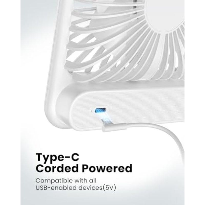USB Desk Fan, Strong Wind Ultra Quiet Small Personal Fan with 180° Tilt Folding and 3 Speeds Adjustable, USB-C Corded Powered USB Fan for Office Desktop Bedroom, NO BATTERY - Image 4