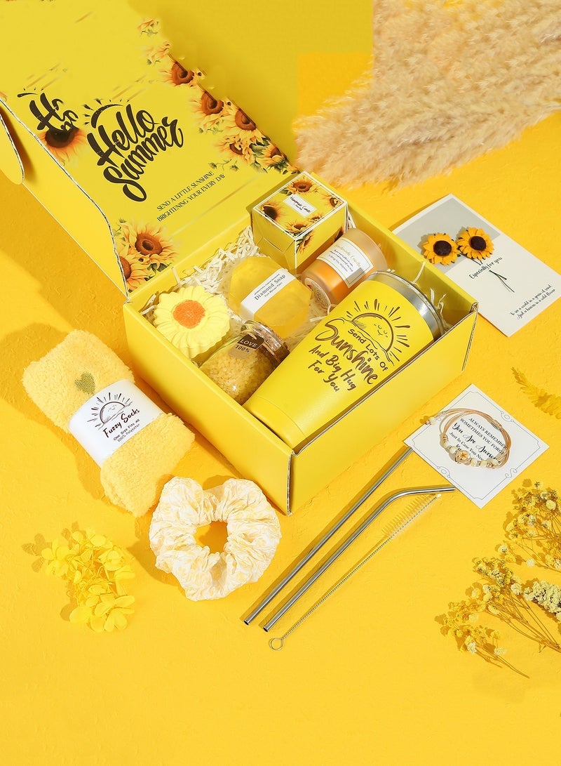 كابتن تيك سلة هدايا نسائية - طقم علب هدايا عباد الشمس يحتوي على 13 قطعة هدايا ملهمة ، سلة هدايا للتعافي المبكر ، باقة علاج سبا للاسترخاء للسيدات ، صداقة ، هدايا صديقة - Image 2