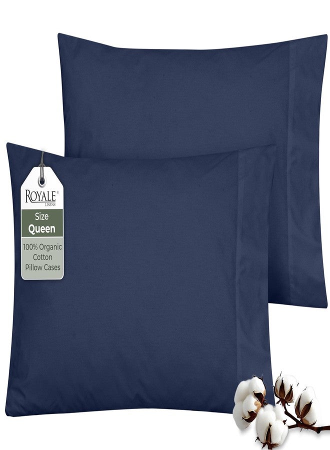 ROYALE LINENS 100% Organic Cotton Percale Pillowcases Set of 2 - Queen Size Percale Pillowcase - Queen Set of 2 Pillow Cover - Breathable, Cool & Crisp Navy Pillow Cases (20"x30", Navy) - Image 1