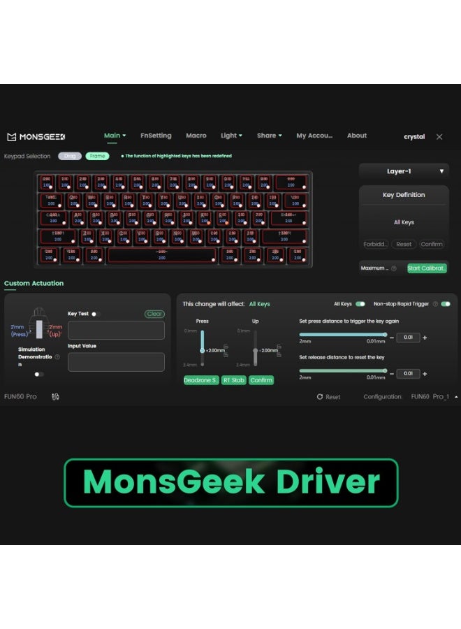 MONSGEEK Ultra-Precise Rapid Trigger: FUN60 Pro keyboard can achieve an ultra-accurate up to 0.005mm rapid trigger and the actuation distance can be adjusted in 0.005mm steps. Whether you’re typing or gaming, users can fine-tune to ensure the optimal trigger for faster response times and enhanced precision. It’s a must-have for competitive gaming - Image 4