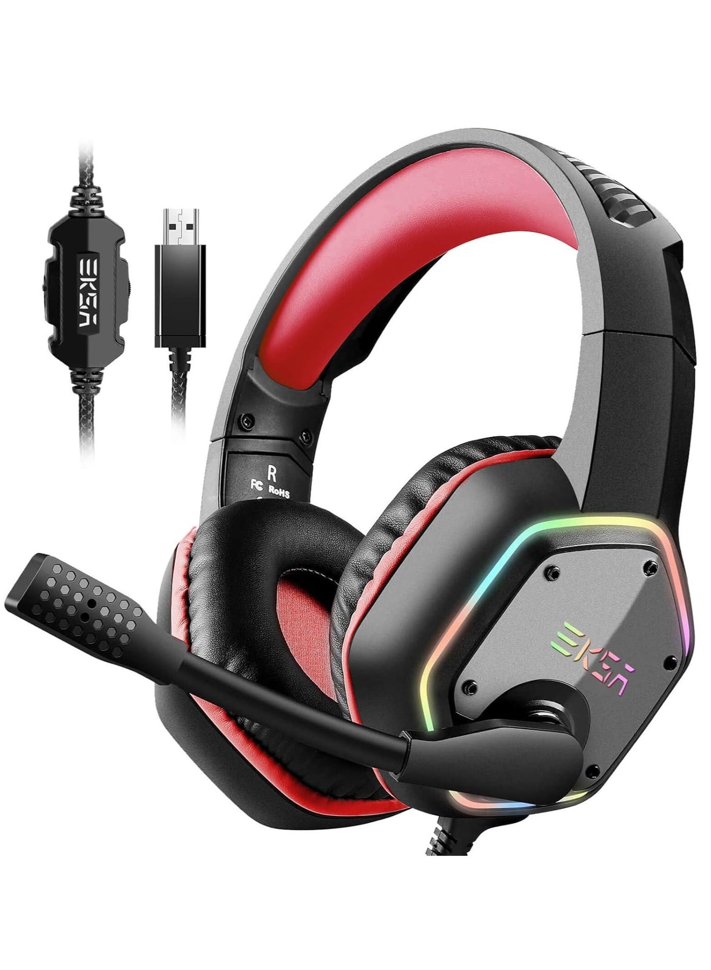 EKSA USB Gaming Headset for PC, Computer Headphones with Microphone/Mic Noise Cancelling, 7.1 Surround Sound, RGB Light - Wired Headphones for PS4, PS5 Console, Laptop, Call Center