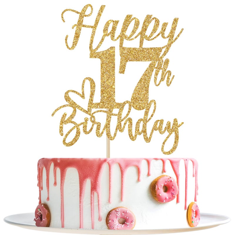 Yotawebery Happy 17th Birthday Cake Topper  17th Birthday Decorations  Cheers to 17 Years  Hello 17  17th Happy Birthday Party Supplies Gold Glitter - Image 1