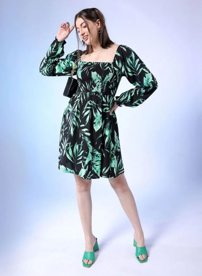 Freehand  Women Fit and Flared Tropical Printed Square Neck Long Sleeve Midi Dress for Women | Best Price UAE