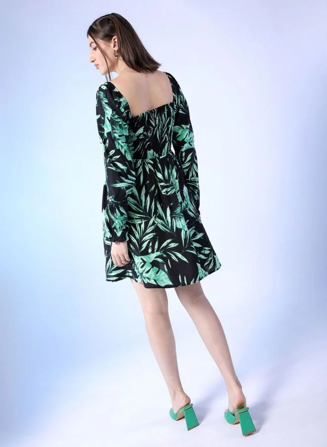 Freehand  Women Fit and Flared Tropical Printed Square Neck Long Sleeve Midi Dress for Women | Best Price UAE