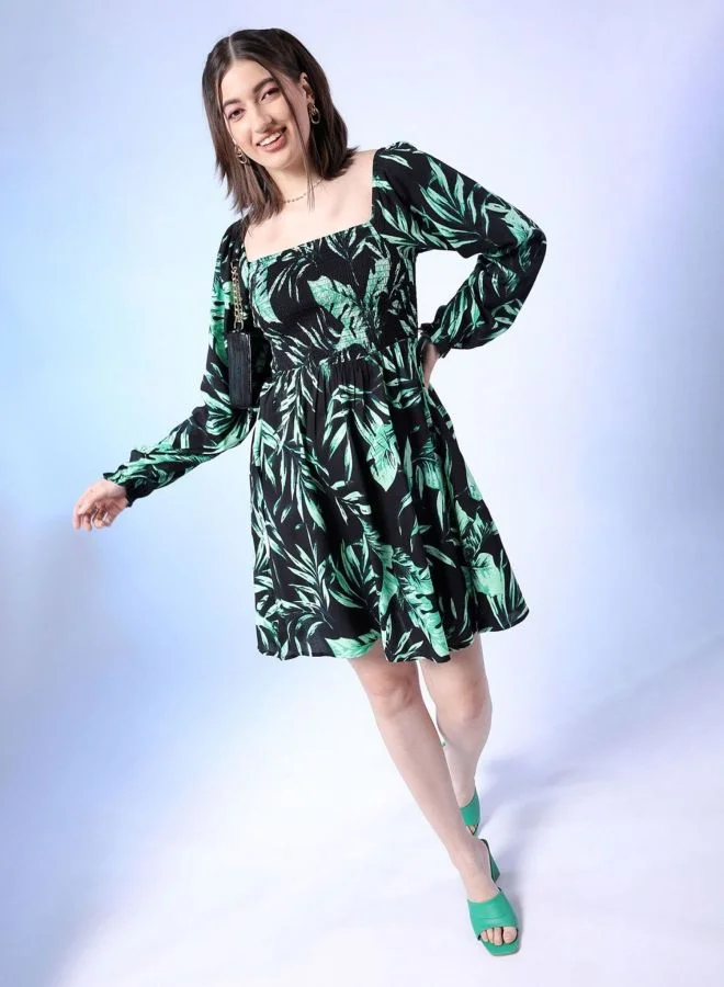 Women Fit and Flared Tropical Printed Square Neck Long Sleeve Midi Dress