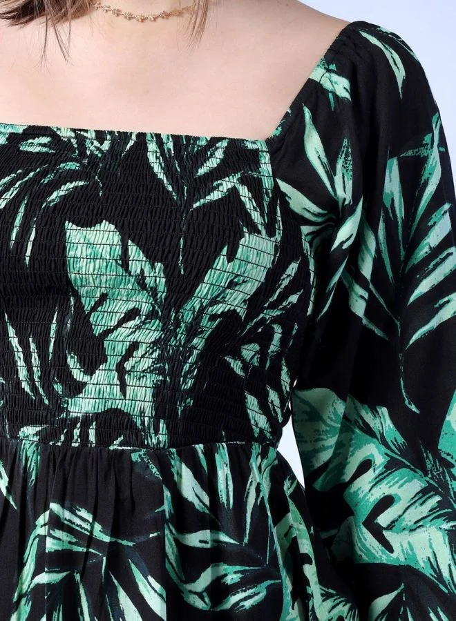 Freehand  Women Fit and Flared Tropical Printed Square Neck Long Sleeve Midi Dress for Women | Best Price UAE
