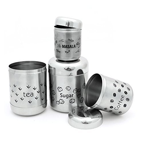 Coconut Stainless Steel Multipurpose Kitchen Accessories Canisters/Container for Storage Tea Coffee Sugar & Masala (Matt Finish) - 4 PC Set - Image 3