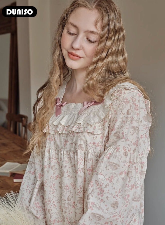 DUNISO Women's Victorian Nightgown with Long Sleeve, Soft Nightgowns Vintage Night Loungewear, Loose Sleepwear for Spring, Autumn - Image 5