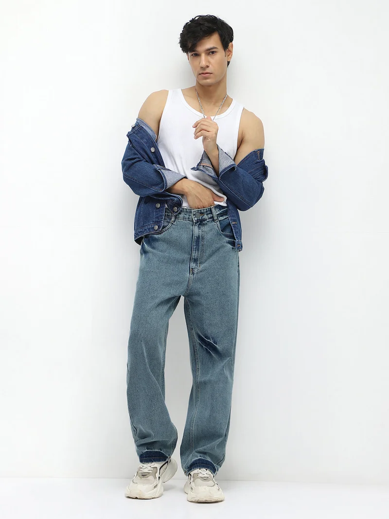 Urbano Fashion  Urbano Fashion Men's Light Blue Loose Baggy Fit Washed Jeans Non-Stretchable  | Best Price UAE