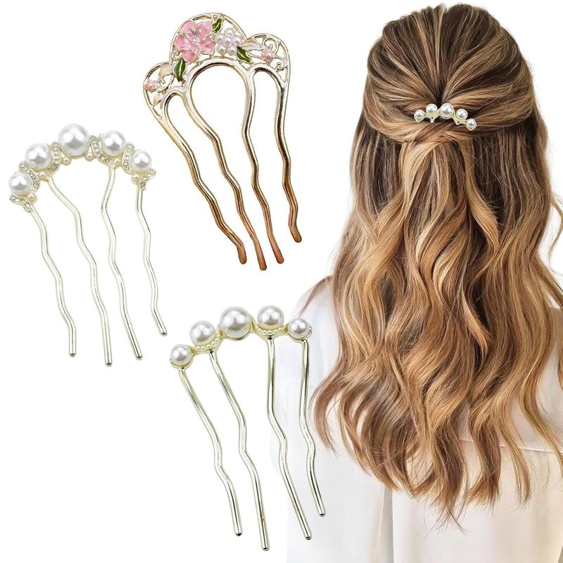 Aeenioy 3Pcs Korean Hair Accessories, U-Shaped Pearl Hair Pins Set for Women, Elegant French Hair Pins for Hair Styling, Juda Accessories for Hair Bun, Rhinestone Pearl Hair Comb Stick for Wedding and Daily Use - Image 1