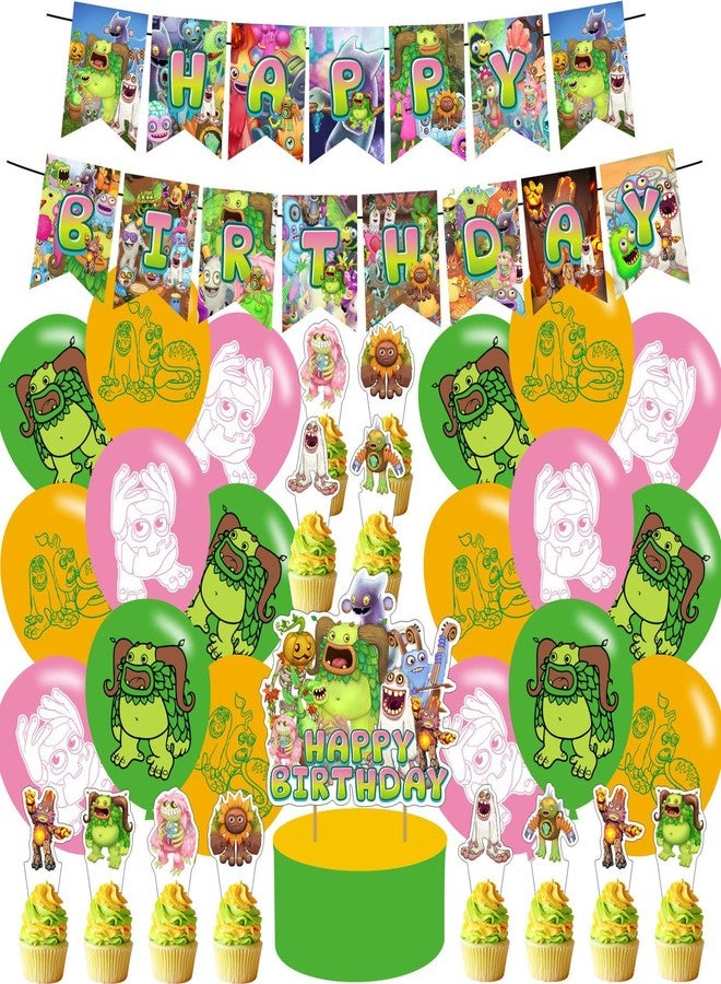 karg Singing Monsters Birthday Decorations,Singing Monsters Party Supplies Include Happy Birthday Banner, Cake Topper and Cupcake Toppers, Balloons for Kids Party Decor - Image 1